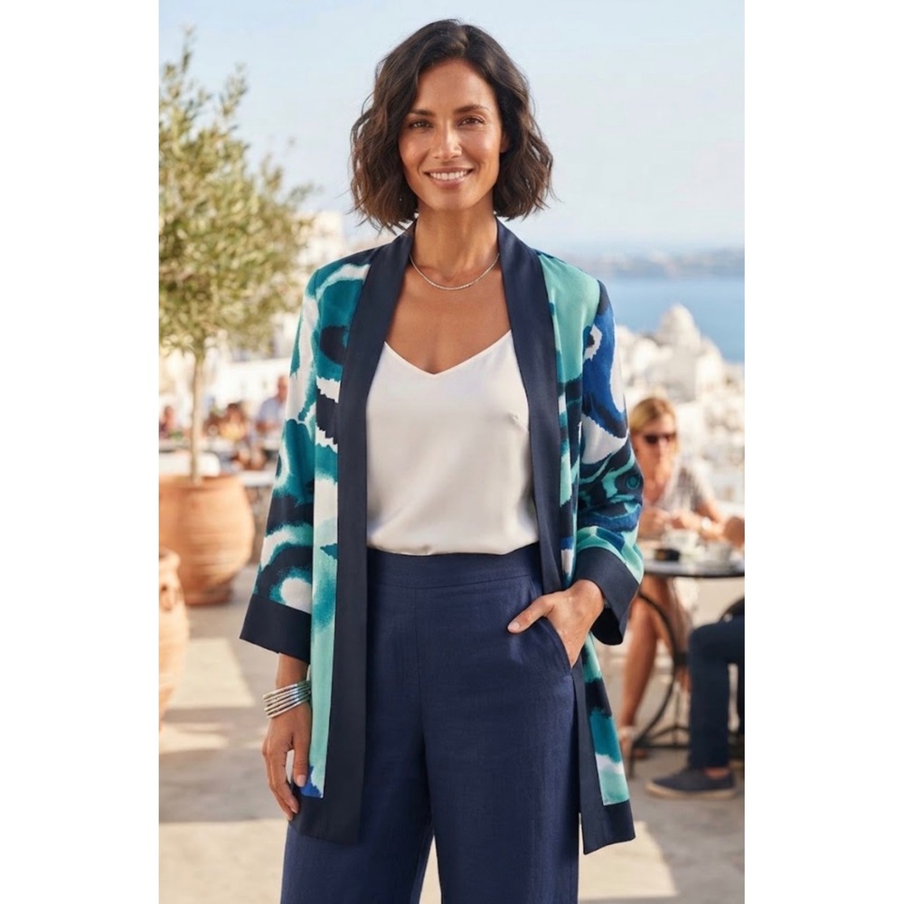 Chicos Travelers Blue Abstract Ikat Open Front Kimono Jacket S/M